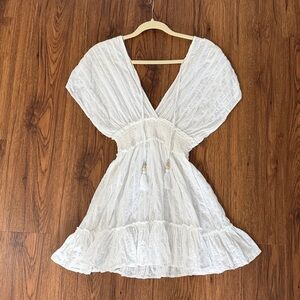 REVOLVE White Embroidered V‑Neck Swim Coverup with Tassel Tie